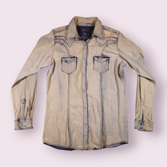 Wrangler Tops - Rock 47 Wrangler Cream Denim Embroidered Rhinestone Rustic Snap Western Size L